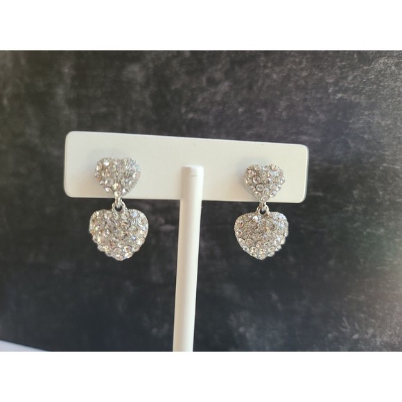 Vintage Rhinestone Heart Shaped Dangling Pierced Earrings - Picture 2 of 10